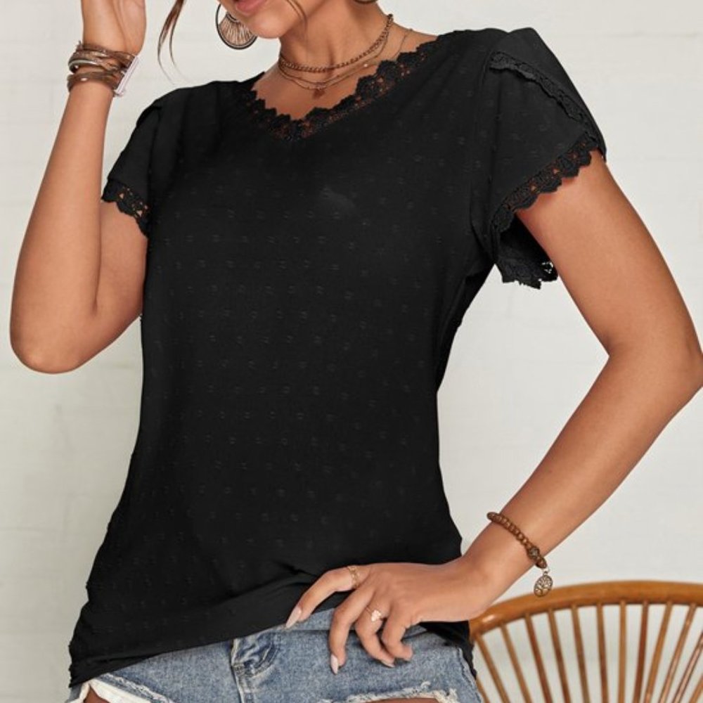 Black Jacquard Lace-Trim Petal Sleeve V-Neck Top - Size M